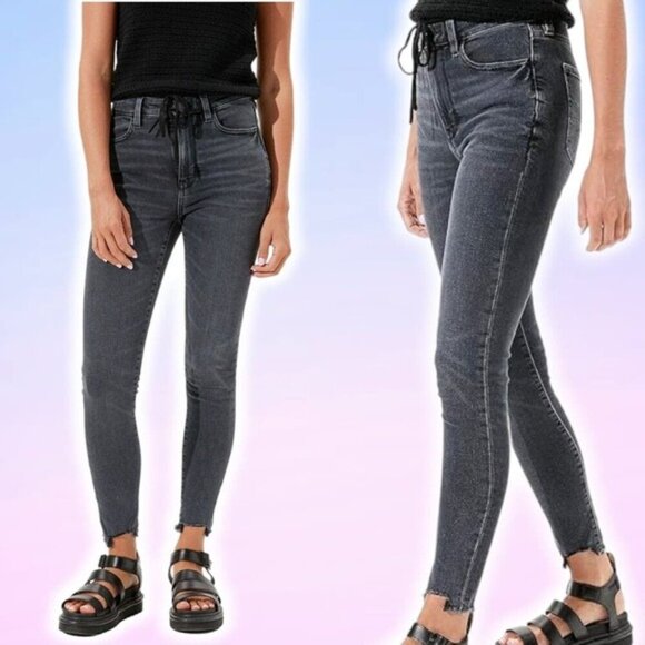 NWT AMERICAN EAGLE Super Hi-Rise Jegging Destroyed Hem Sz 000 Blue Black - Picture 1 of 7